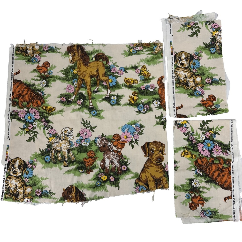 Vintage 1970's Baby Farm Animals Fabric Cottage Core 24"x48" + Bonus Strips USA